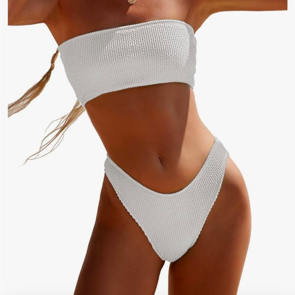 NWT YIMISAN Bandeau Swimsuit Ribbed Strapless Tube Top Mid Waist Cheeky Btms M